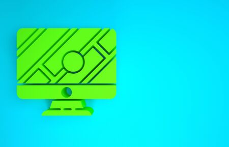 Green Computer monitor and folded map with location marker icon isolated on blue background. Minimalism concept. 3d illustration 3D renderの写真素材