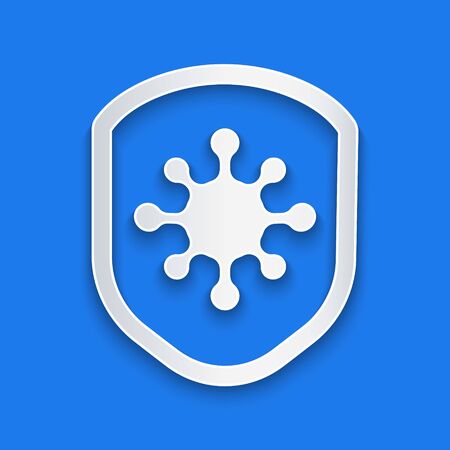Paper cut Shield protecting from virus, germs and bacteria icon isolated on blue background. Immune system concept. Corona virus 2019-nCoV. Paper art style. Vector Illustrationのイラスト素材