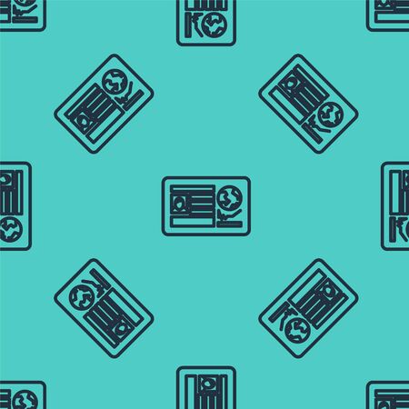 Black line Passport with visa stamp icon isolated seamless pattern on green background. Identification Document. Vector Illustrationのイラスト素材