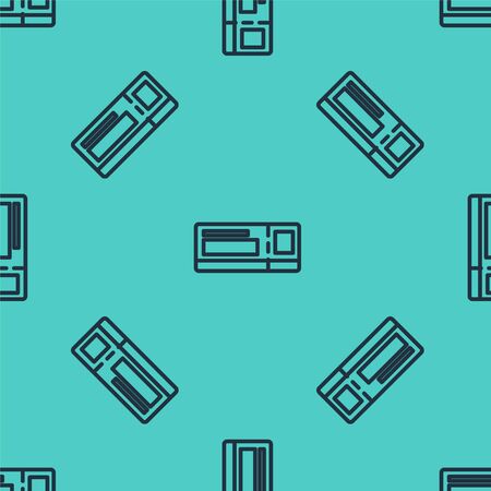 Black line Travel ticket icon isolated seamless pattern on green background. Train, ship, plane, tram, bus transport. Travel service concept. Vector Illustrationのイラスト素材