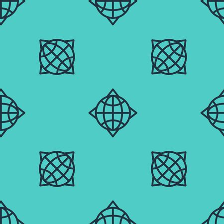Black line World globe with compass icon isolated seamless pattern on green background. Vector Illustrationのイラスト素材