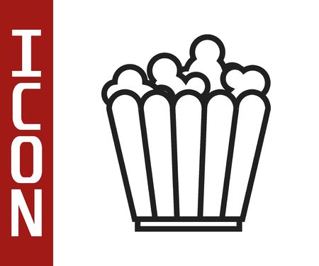Black line Popcorn in cardboard box icon isolated on white background. Popcorn bucket box. Vector Illustrationのイラスト素材