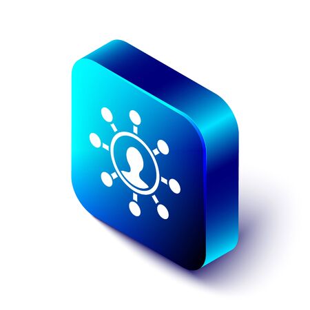 Isometric Business network and communication icon isolated on white background. Strong network marketing, influence, and leadership. Blue square button. Vector Illustrationのイラスト素材