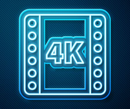 Glowing neon line 4k movie, tape, frame icon isolated on blue background. Vector Illustrationのイラスト素材