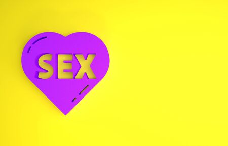 Purple Heart with text Sex icon isolated on yellow background. Adults content only icon. Minimalism concept. 3d illustration 3D renderの写真素材