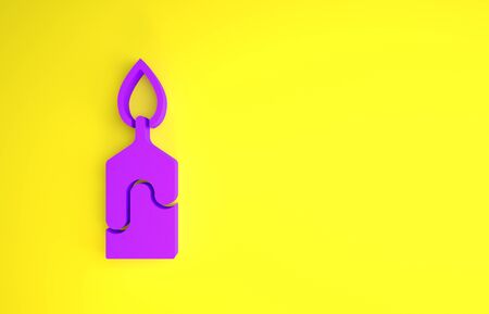 Purple Burning candle icon isolated on yellow background. Cylindrical candle stick with burning flame. Minimalism concept. 3d illustration 3D renderの写真素材