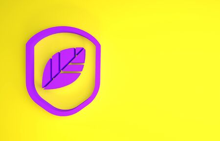 Purple Shield with leaf icon isolated on yellow background. Eco-friendly security shield with leaf. Minimalism concept. 3d illustration 3D renderの写真素材