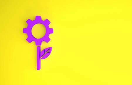 Purple Leaf plant ecology in gear machine icon isolated on yellow background. Eco friendly technology. World Environment day label. Minimalism concept. 3d illustration 3D renderの写真素材