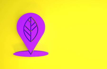 Purple Location pin with leaf inside icon isolated on yellow background. Minimalism concept. 3d illustration 3D renderの写真素材