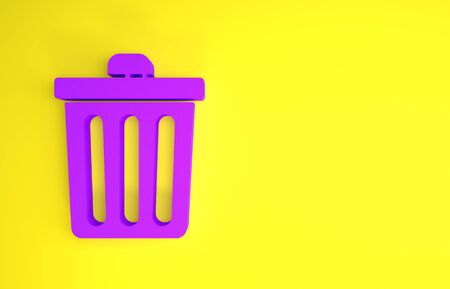 Purple Trash can icon isolated on yellow background. Garbage bin sign. Recycle basket icon. Office trash icon. Minimalism concept. 3d illustration 3D renderの写真素材