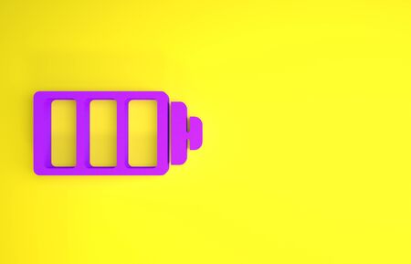 Purple Battery charge level indicator icon isolated on yellow background. Minimalism concept. 3d illustration 3D renderの写真素材