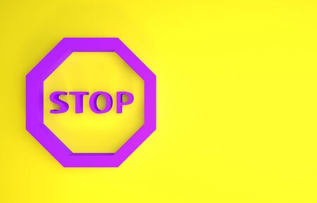 Purple Stop sign icon isolated on yellow background. Traffic regulatory warning stop symbol. Minimalism concept. 3d illustration 3D renderの写真素材