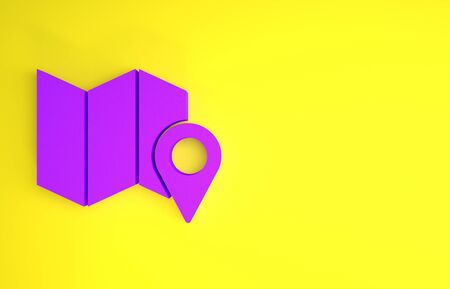 Purple Folded map with location marker icon isolated on yellow background. Minimalism concept. 3d illustration 3D renderの写真素材