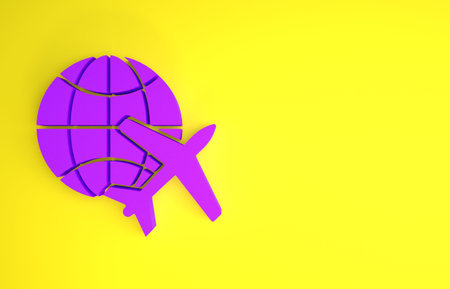Purple Globe with flying plane icon isolated on yellow background. Airplane fly around the planet...