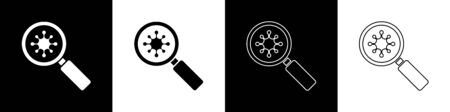 Set Virus under magnifying glass icon isolated on black and white background. Corona virus 2019-nCoV. Bacteria and germs, microbe, fungi. Vector Illustrationのイラスト素材