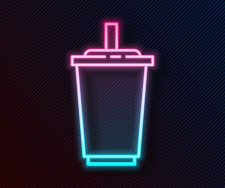 Glowing neon line Paper glass with drinking straw and water icon isolated on black background. Soda drink glass. Fresh cold beverage symbol. Vector Illustrationのイラスト素材
