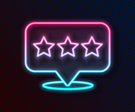 Glowing neon line Map pointer with star icon isolated on black background. Star favorite pin map icon. Map markers. Vector Illustrationのイラスト素材