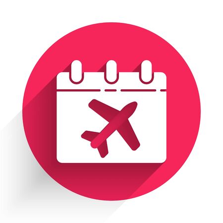 White Travel planning calendar and airplane icon isolated with long shadow. A planned holiday trip. Red circle button. Vector Illustrationのイラスト素材