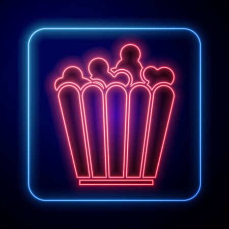 Glowing neon Popcorn in cardboard box icon isolated on blue background. Popcorn bucket box. Vector Illustrationのイラスト素材