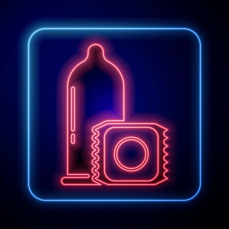 Glowing neon Condom safe sex icon isolated on blue background. Safe love symbol. Contraceptive method for male. Vector Illustrationのイラスト素材