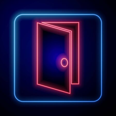 Glowing neon Closed door icon isolated on blue background. Vector Illustrationのイラスト素材