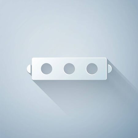 Paper cut Silicone ball gag with a leather belt icon isolated on grey background. Fetish accessory. Sex toy for men and woman. Paper art style. Vector Illustrationのイラスト素材