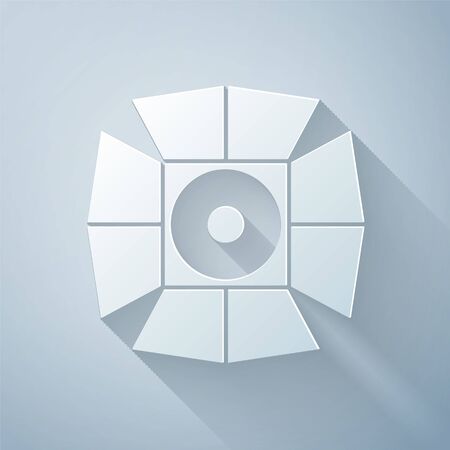 Paper cut Movie spotlight icon isolated on grey background. Light Effect. Scene, Studio, Show. Paper art style. Vector Illustrationのイラスト素材