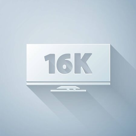 Paper cut Screen tv with 16k Ultra HD video technology icon isolated on grey background. Paper art style. Vector Illustrationのイラスト素材