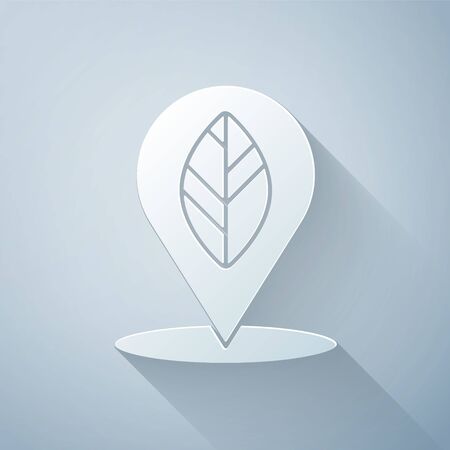 Paper cut Location pin with leaf inside icon isolated on grey background. Paper art style. Vector Illustrationのイラスト素材