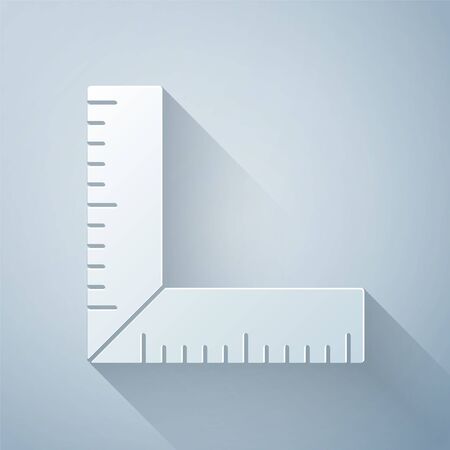 Paper cut Corner ruler icon isolated on grey background. Setsquare, angle ruler, carpentry, measuring utensil, scale. Paper art style. Vector Illustrationのイラスト素材