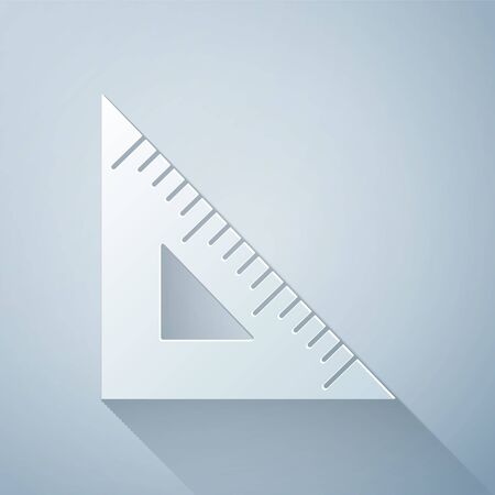 Paper cut Triangular ruler icon isolated on grey background. Straightedge symbol. Geometric symbol. Paper art style. Vector Illustrationのイラスト素材