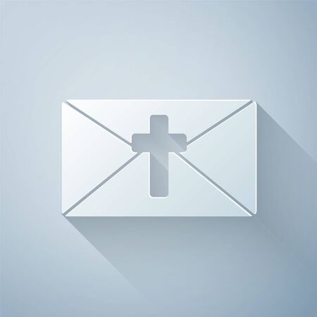 Paper cut Greeting card with Happy Easter icon isolated on grey background. Celebration poster template for invitation or greeting card. Paper art style. Vector Illustrationのイラスト素材