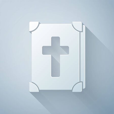 Paper cut Holy bible book icon isolated on grey background. Paper art style. Vector Illustrationのイラスト素材