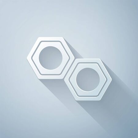 Paper cut Hexagonal metal nut icon isolated on grey background. Paper art style. Vector Illustrationのイラスト素材