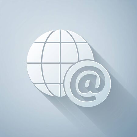 Paper cut Earth globe with mail and e-mail icon isolated on grey background. Envelope symbol e-mail. Email message sign. Paper art style. Vector Illustrationのイラスト素材