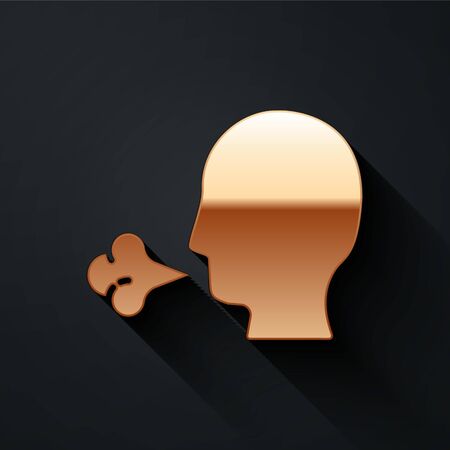 Gold Man coughing icon isolated on black background. Viral infection, influenza, flu, cold symptom. Tuberculosis, mumps, whooping cough. Long shadow style. Vector Illustration.のイラスト素材