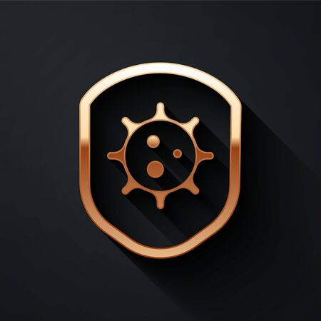 Gold Shield protecting from virus, germs and bacteria icon isolated on black background. Immune system concept. Corona virus 2019-nCoV. Long shadow style. Vector Illustrationのイラスト素材