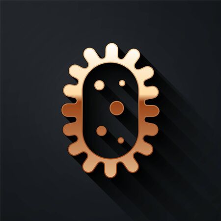 Gold Virus icon isolated on black background. Corona virus 2019-nCoV. Bacteria and germs, cell cancer, microbe, fungi. Long shadow style. Vector Illustrationのイラスト素材