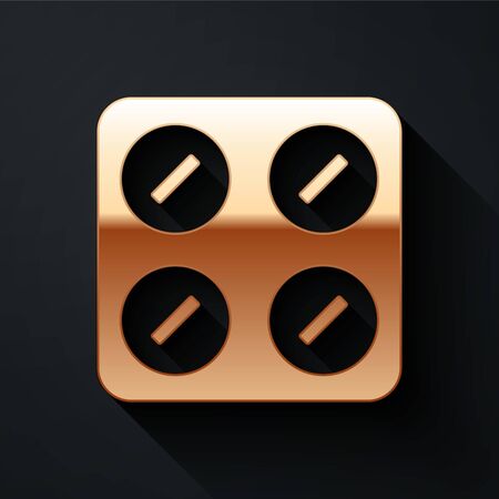 Gold Pills in blister pack icon isolated on black background. Medical drug package for tablet, vitamin, antibiotic, aspirin. Long shadow style. Vector Illustrationのイラスト素材