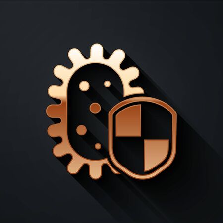 Gold Shield protecting from virus, germs and bacteria icon isolated on black background. Immune system concept. Corona virus 2019-nCoV. Long shadow style. Vector Illustrationのイラスト素材