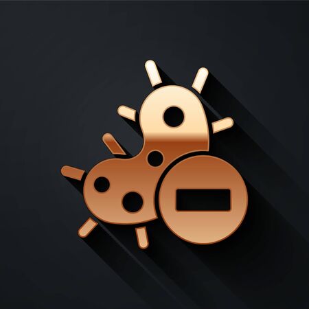 Gold Negative virus icon isolated on black background. Corona virus 2019-nCoV. Bacteria and germs, cell cancer, microbe, fungi. Long shadow style. Vector Illustrationのイラスト素材