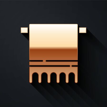 Gold Towel on a hanger icon isolated on black background. Bathroom towel icon. Long shadow style. Vector Illustrationのイラスト素材