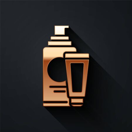 Gold Cream or lotion cosmetic tube icon isolated on black background. Body care products for men. Long shadow style. Vector Illustrationのイラスト素材