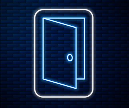 Glowing neon line Closed door icon isolated on brick wall background. Vector Illustrationのイラスト素材