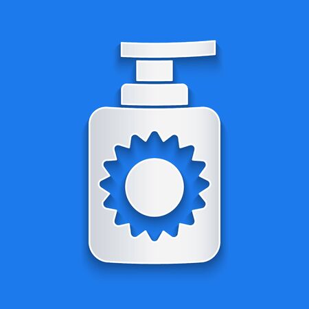 Paper cut Sunscreen spray bottle icon isolated on blue background. Protection for the skin from solar ultraviolet light. Paper art style. Vector Illustrationのイラスト素材