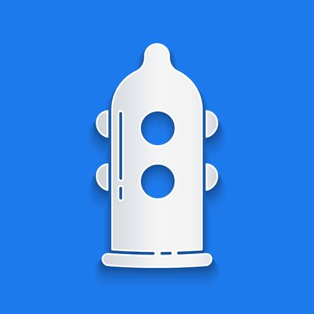 Paper cut Condom safe sex icon isolated on blue background. Safe love symbol. Contraceptive method for male. Paper art style. Vector Illustrationのイラスト素材