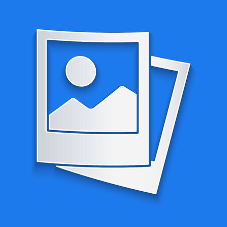 Paper cut Photo icon isolated on blue background. Paper art style. Vector Illustrationのイラスト素材