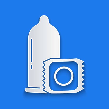 Paper cut Condom safe sex icon isolated on blue background. Safe love symbol. Contraceptive method for male. Paper art style. Vector Illustrationのイラスト素材