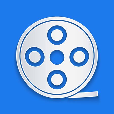 Paper cut Film reel icon isolated on blue background. Paper art style. Vector Illustrationのイラスト素材