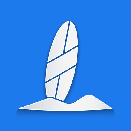 Paper cut Surfboard icon isolated on blue background. Surfing board. Extreme sport. Sport equipment. Paper art style. Vector Illustrationのイラスト素材